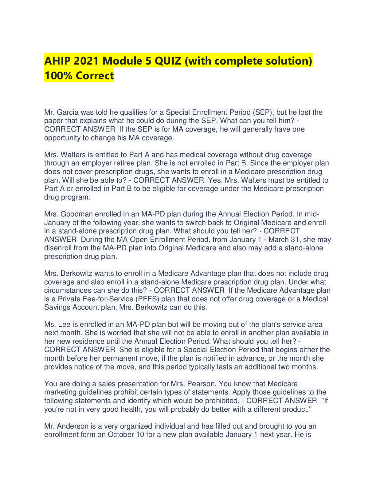 Preview image for AHIP   Module 5 QUIZ (with complete solution) 100% Correct